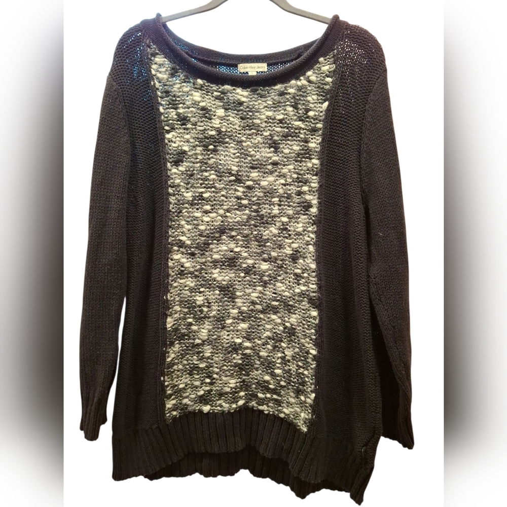 "Calvin Klein Jeans" Black and Gray Raw Crew Neck Sweater. Sz. L, Like new!....